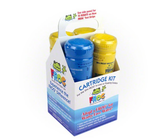 The Spa Frog Serene Cartridge Refill Kit (01-14-3856) by Frog contains yellow Bromine and blue Mineral Cartridges for excellent water treatment, distinct branding, and rebate details, ensuring your spa remains clean and balanced.