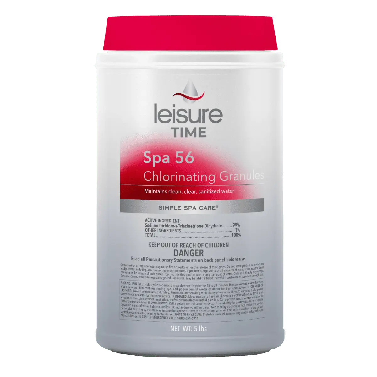 Leisure Time Spa 56 Chlorinating Granules come in a 5 lb bottle with a red cap. These concentrated granules ensure your spa water stays clean, clear, and sanitized.