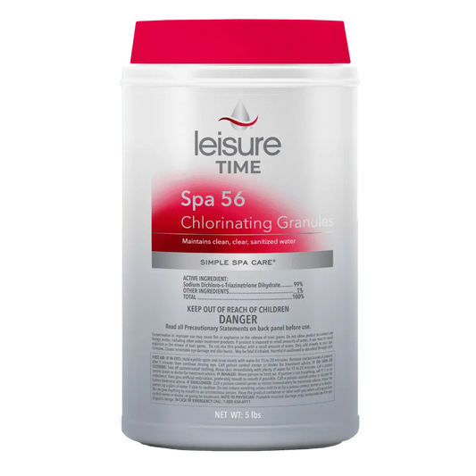 Leisure Time Spa 56 Chlorinating Granules come in a 5 lb bottle with a red cap. These concentrated granules ensure your spa water stays clean, clear, and sanitized.