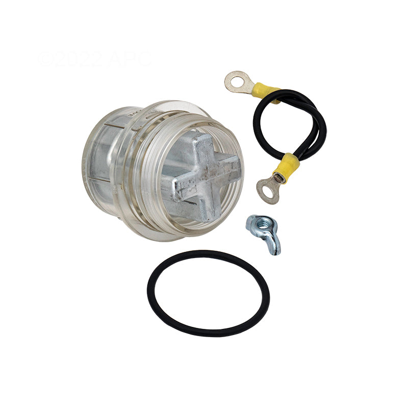 The Raypak ProTek Shield Assembly 399K BTU (017960F) includes a clear plastic pump strainer lid, black O-ring, wire with yellow connectors, and metal wing nut—ideal for protecting pool heaters and replacing Raypak heat exchanger parts.