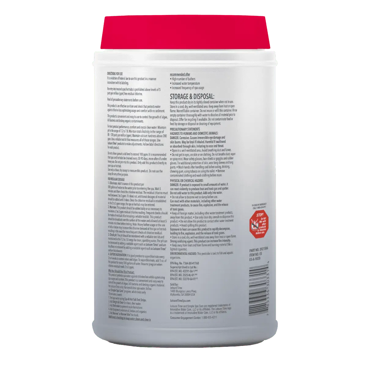 Back view of a white Leisure Time Spa 56 Chlorinating Granules, 5 lb bottle with red lid and black text detailing storage and disposal. A red hexagonal icon near the bottom ensures safe use in spa water and other applications.