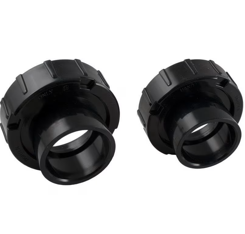 Two black plastic threaded couplings from the Jandy 2" x 2-1/2" Tail Piece, O-Ring & Coupling Nut (R0446101), are shown on a white background. Ideal for seamless compatibility with your Zodiac Jandy pool pump.
