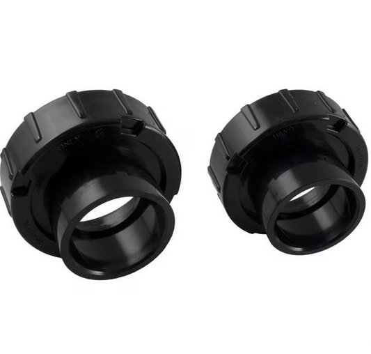 Two black plastic threaded couplings from the Jandy 2" x 2-1/2" Tail Piece, O-Ring & Coupling Nut (R0446101), are shown on a white background. Ideal for seamless compatibility with your Zodiac Jandy pool pump.