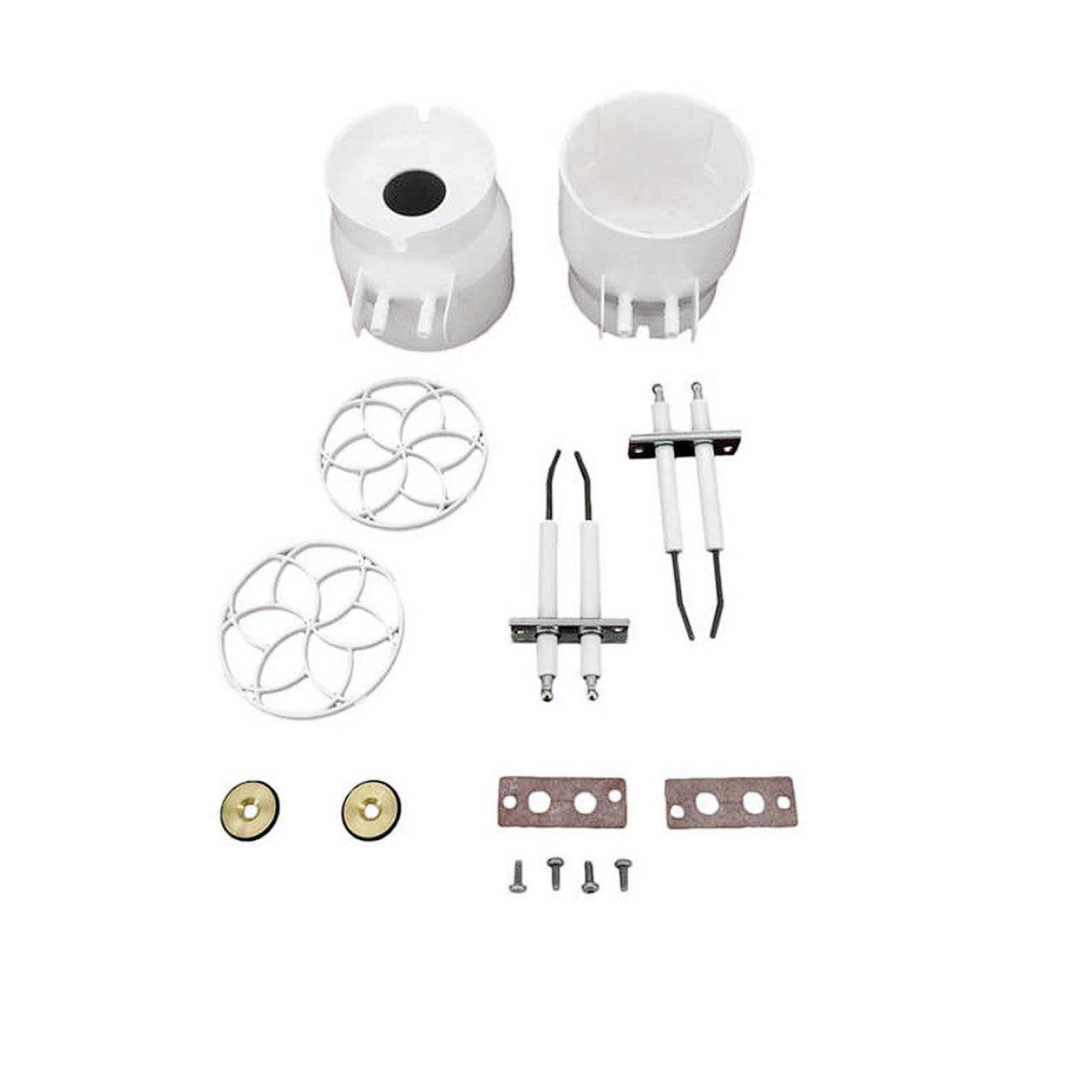 The Pentair ETI400 Natural Gas to Propane Conversion Kit (476072) by Pentair features white plastic and metal components—cylindrical parts, circular grates, electrodes, screws, washers, and gaskets—arranged on a white background.