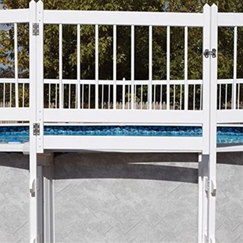 An Ocean Blue Above Ground 24" Resin Fence Gate Section (310505), made from white UV-resistant PVC, is installed around an above-ground pool. The locked fence gate adds safety. Trees appear in the background.
