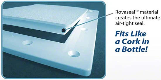 Close-up of a white rectangular skimmer plug with rounded edges and bolt holes, labeled as Pool Goods SimPoolTec Standard I/G Skimmer Plug for SP1084 | IGSD-H. Creates an air-tight seal—perfect for winterizing pool skimmers. Text: "Fits Like a Cork in a Bottle!.