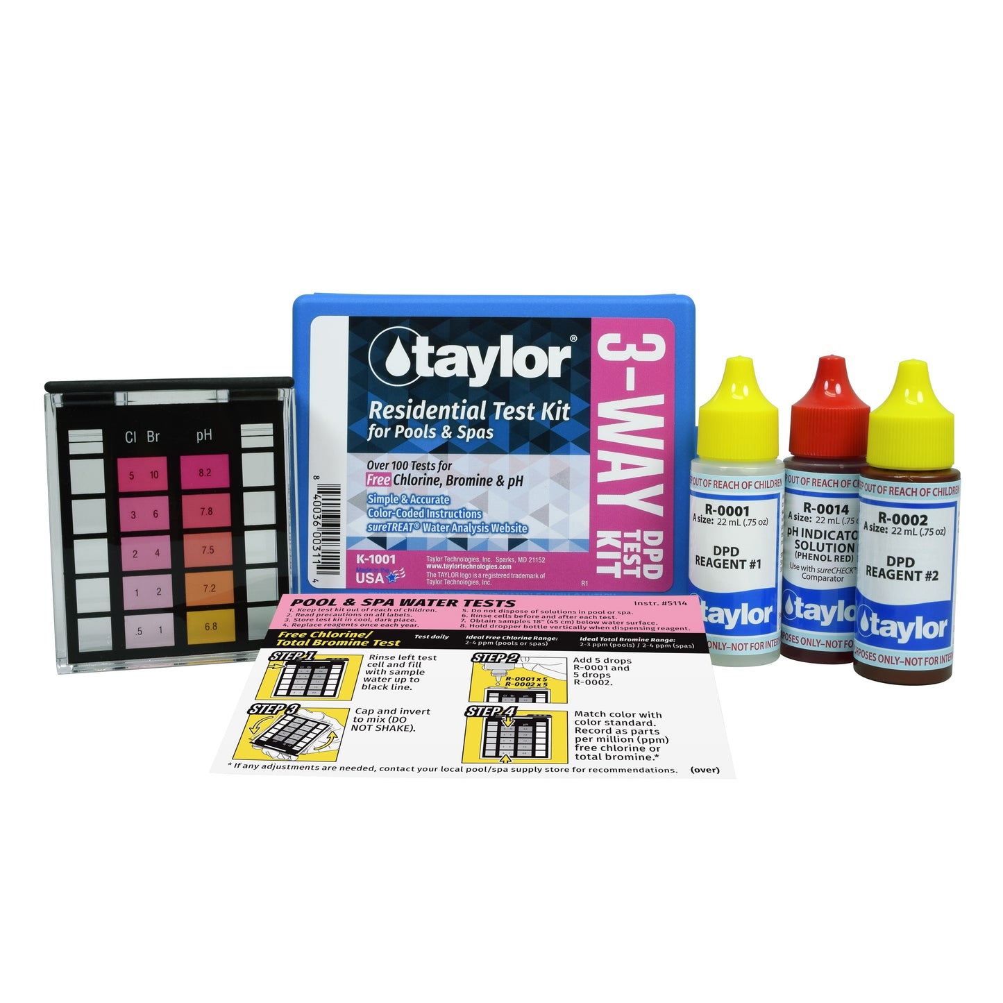 The Taylor 3-Way DPD Test Kit for Free Chlorine, Bromine, and pH (K-1001-12) includes a color comparison chart, instructions, and three reagent bottles to test sanitizer residuals.