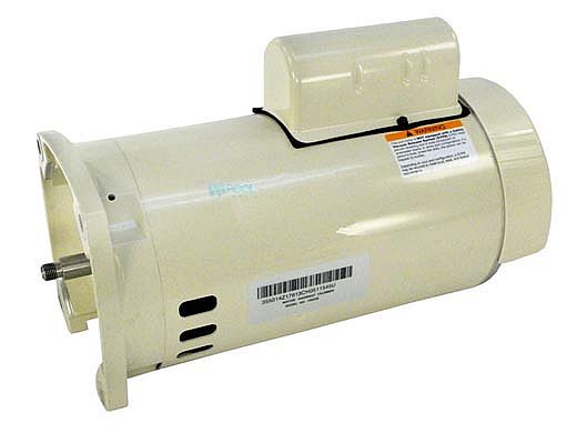 A beige Pentair 2 Hp Motor (355026S), similar to the WHISPERFLOXF PUMP design, has a rectangular housing on top with a barcode and warning label.