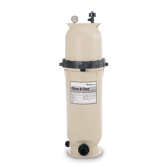Beige Pentair Clean & Clear 200 sq ft Cartridge Filter (EC-160318) with top pressure gauge and two black hose fittings, designed for efficient pool filtration.