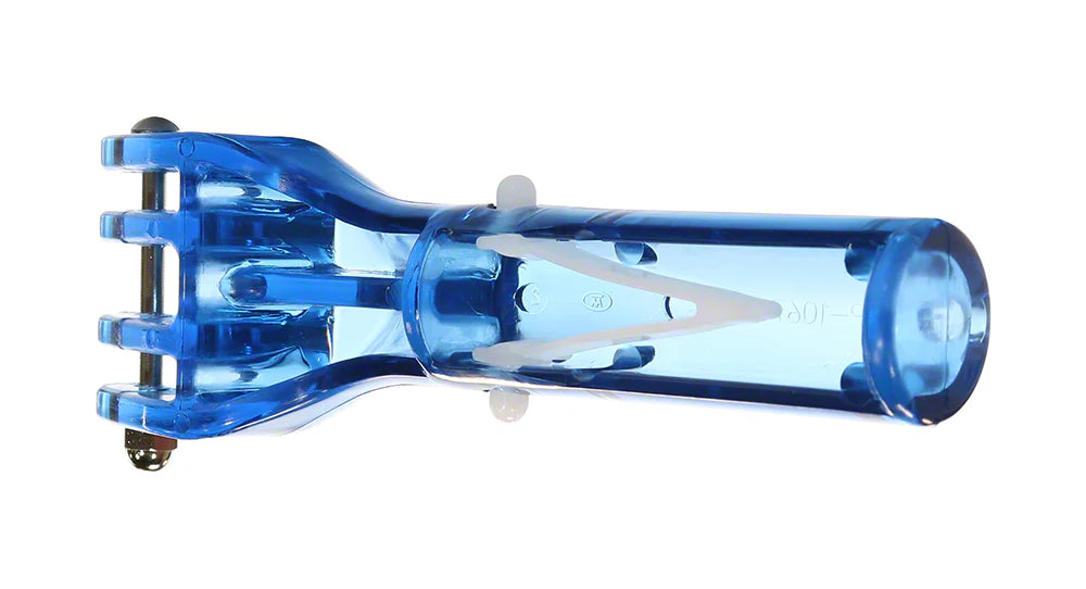 The HAYWARD Power-Vacuum Head Quick Snap Connector Assembly (SPX1067QA) is a blue plastic device with three prongs and a cylindrical handle, designed for efficient pool vacuum head attachment, shown on a white background.