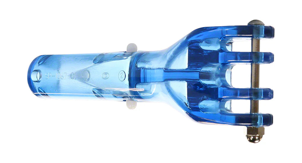 The Hayward Power-Vacuum Head Quick Snap Connector Assembly (SPX1067QA) by HAYWARD features a blue plastic body with a metal tip and three prongs, resembling a vacuum head connector, designed for durable assembly applications.