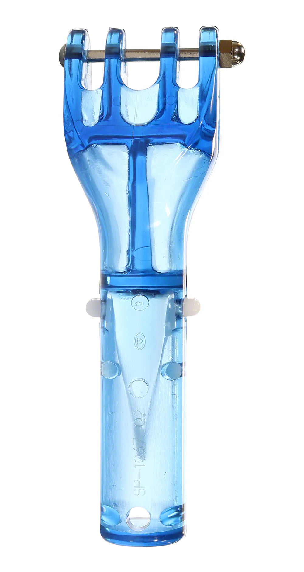 The Hayward Power-Vacuum Head Quick Snap Connector Assembly (SPX1067QA) by HAYWARD features a design resembling a pool vacuum head connector, with durable blue plastic and a metal blade across the top.