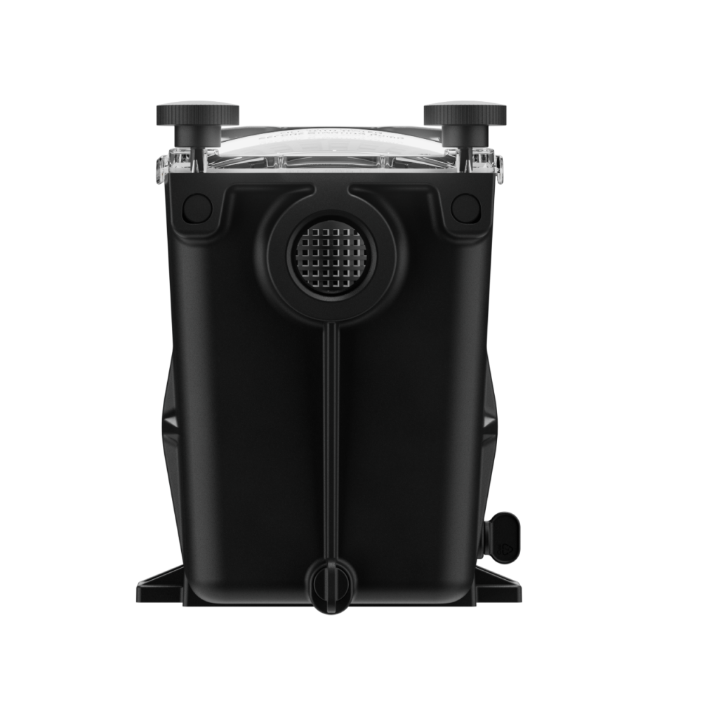 Front view of the Pool Goods Super Pump VS 620 with OmniX 2.25 HP (W3VSP26620)—a black mechanical device featuring a clear lid, two top knobs, central circular vent, and downward pipe—perfect for pool automation with Hayward OmniX systems.