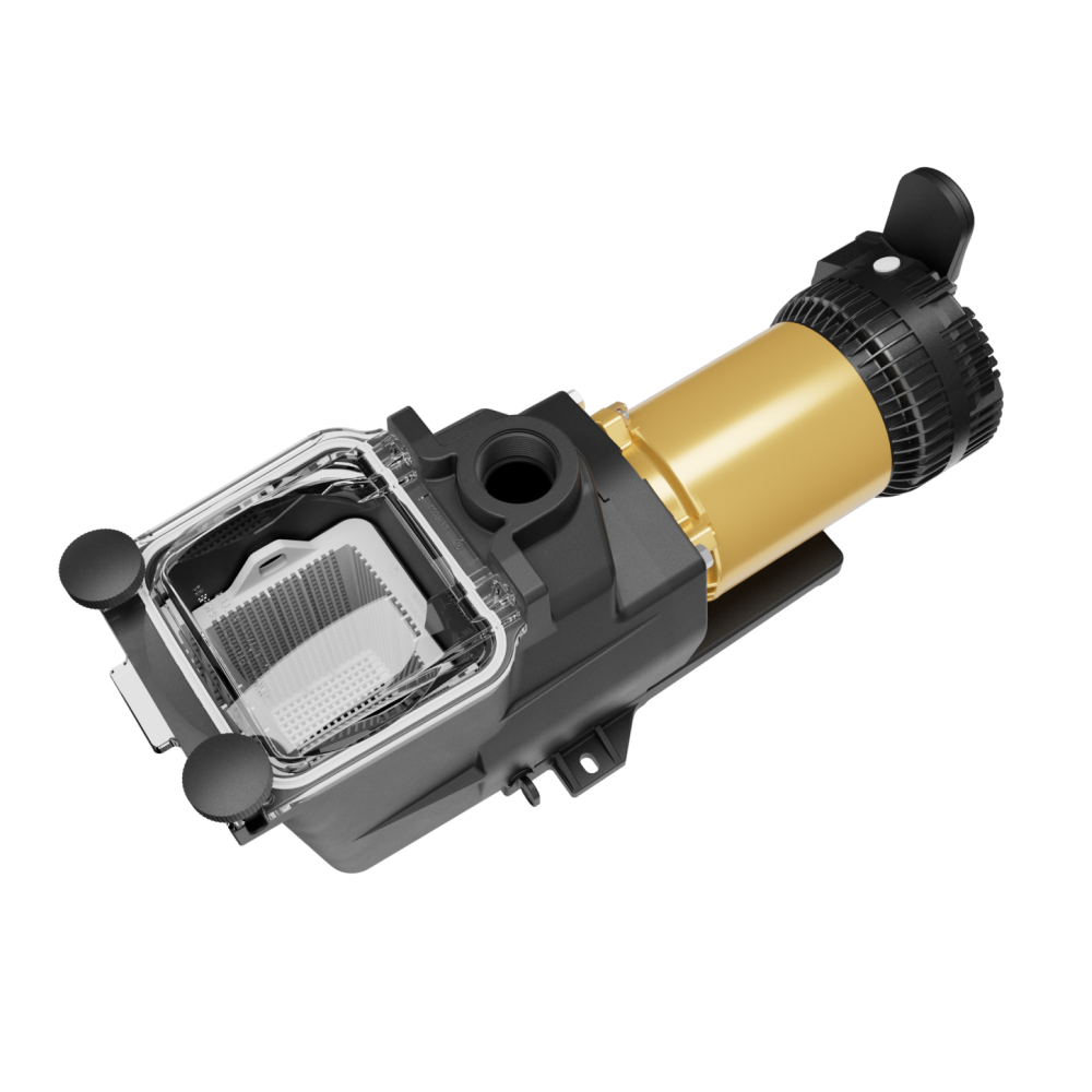 The Pool Goods Super Pump VS 620 with OmniX 2.25 HP (W3VSP26620) features a transparent lid, visible filter basket, and a black and gold motor housing—ideal for pool automation setups. Shown against a white background.