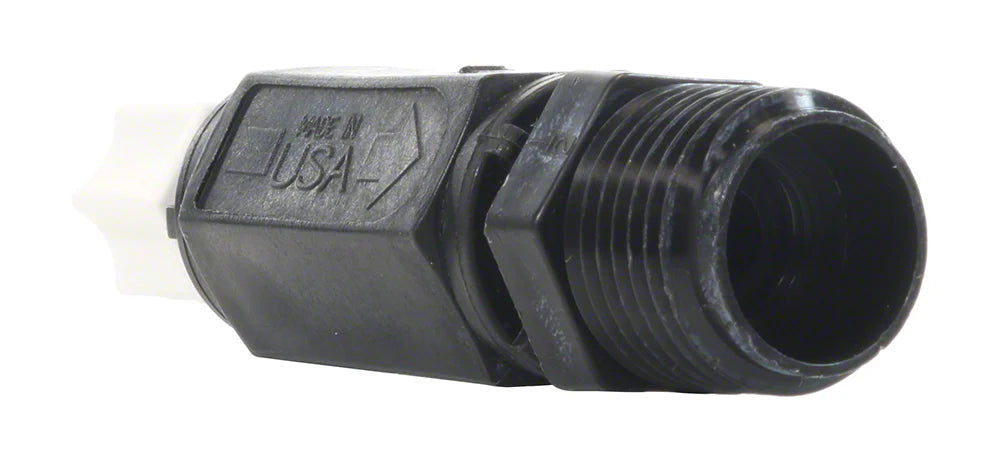 The Pool Goods Pentair IntelliChem/Chemical Feeder Injection Check Valve (522513Z) is a black plastic threaded fitting with a hexagonal body and "Made in USA" embossing, ideal for Pentair injection check valves or chemical feeder systems.