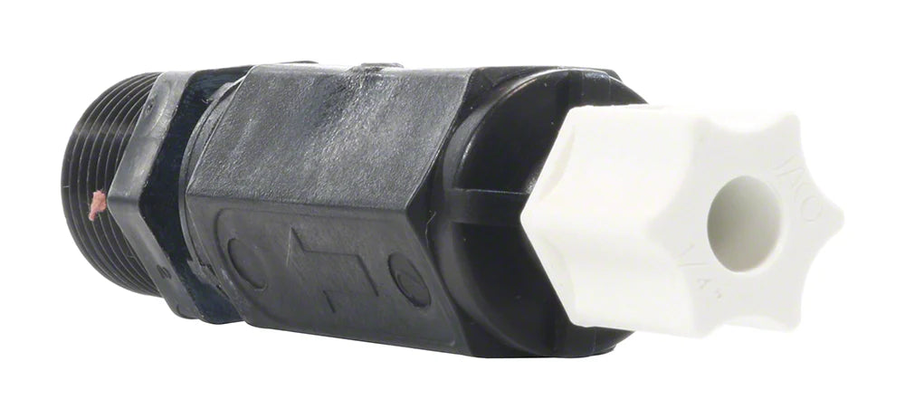 The Pool Goods Pentair IntelliChem/Chemical Feeder Injection Check Valve (522513Z) features a black plastic body, threaded ends, and a white star-shaped knob—perfect for use in IntelliChem controller chemical feeder systems.