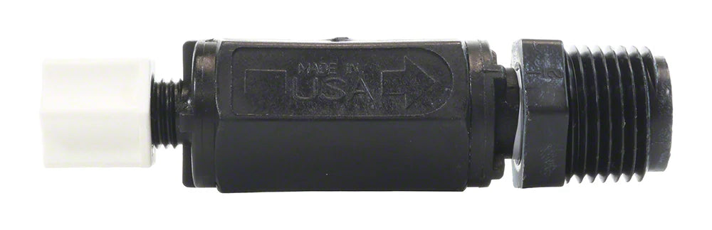 The Pentair IntelliChem/Chemical Feeder Injection Check Valve (522513Z) by Pool Goods features a black plastic body, threaded male end, white adjustment knob, Made in USA mark, and flow direction arrow—ideal for integrating with chemical feeder systems.