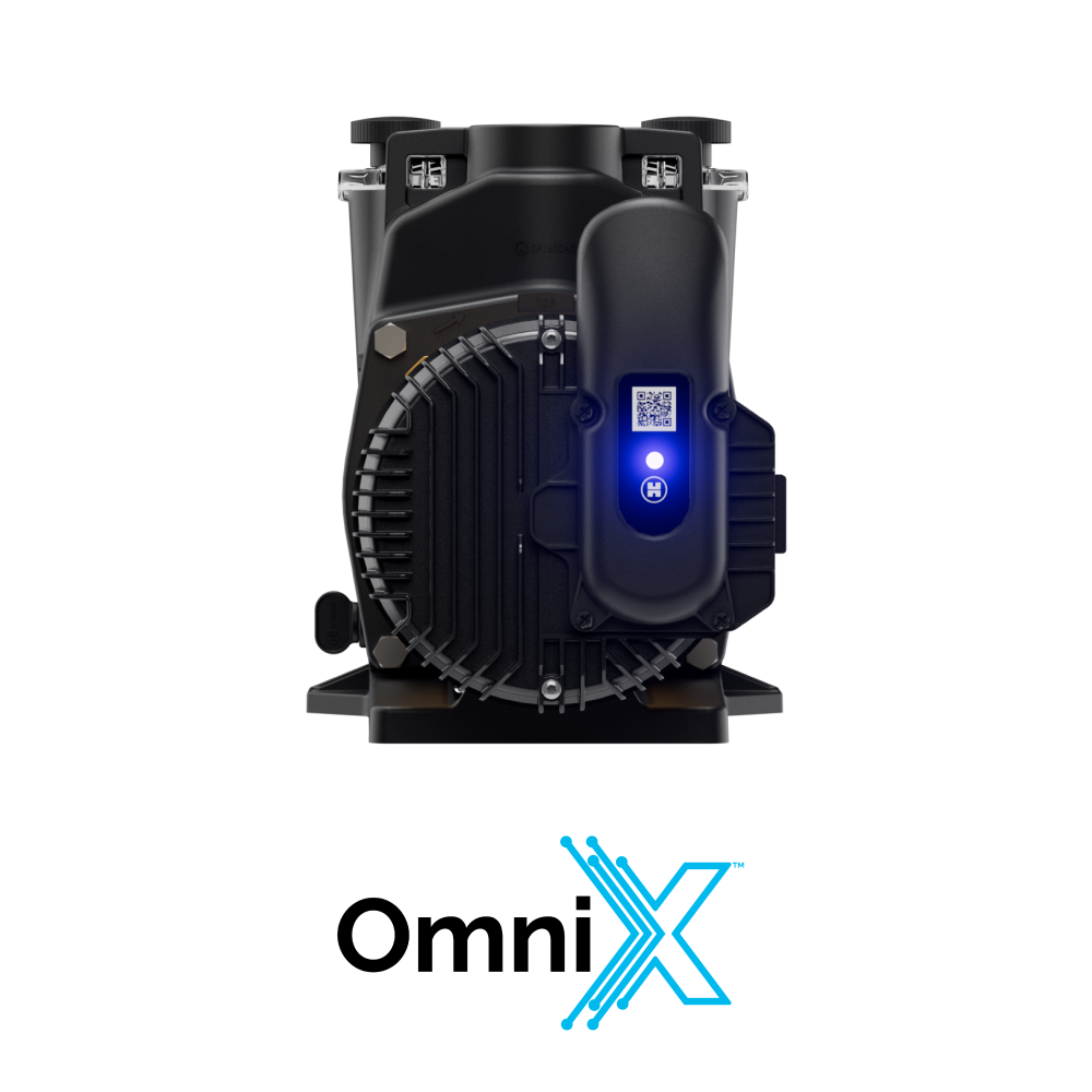 Front view of the Pool Goods Super Pump VS 620 with OmniX 2.25 HP (W3VSP26620), a black variable speed pool pump featuring a blue-lit display above the Hayward OmniX logo—ideal for advanced pool automation on a white background.