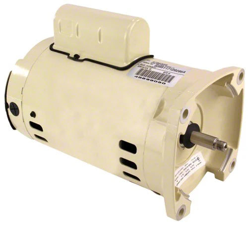 Compatible with the WHISPERFLO PUMP, the beige Pentair 2 Hp Motor (355026S) features a cylindrical body, mounting bracket, exposed shaft, and a cover topped by a barcode label.