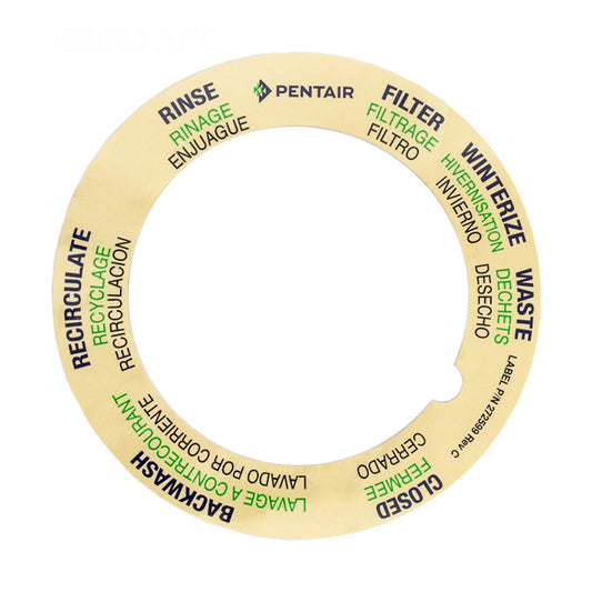 The Pentair Tagelus Top Mount Valve Label (272599Z) is a circular label with rinse, filter, waste, winterize, closed, backwash, and recirculate settings in English, Spanish, and French. Brand: Pentair.