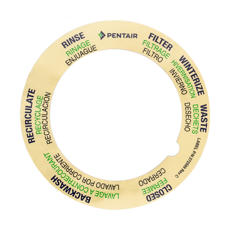 The Pentair Tagelus Top Mount Valve Label (272599Z) is a circular label with rinse, filter, waste, winterize, closed, backwash, and recirculate settings in English, Spanish, and French. Brand: Pentair.