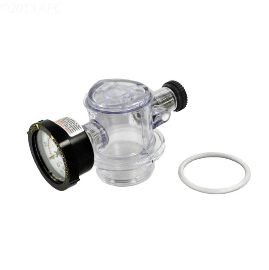 The Pentair Triton Manual Air Relief Assembly (273564Z) features a sleek, transparent pressure gauge with a black dial and durable rubber O-ring, ideal as an OEM replacement for efficient maintenance of your Triton II sand filter.