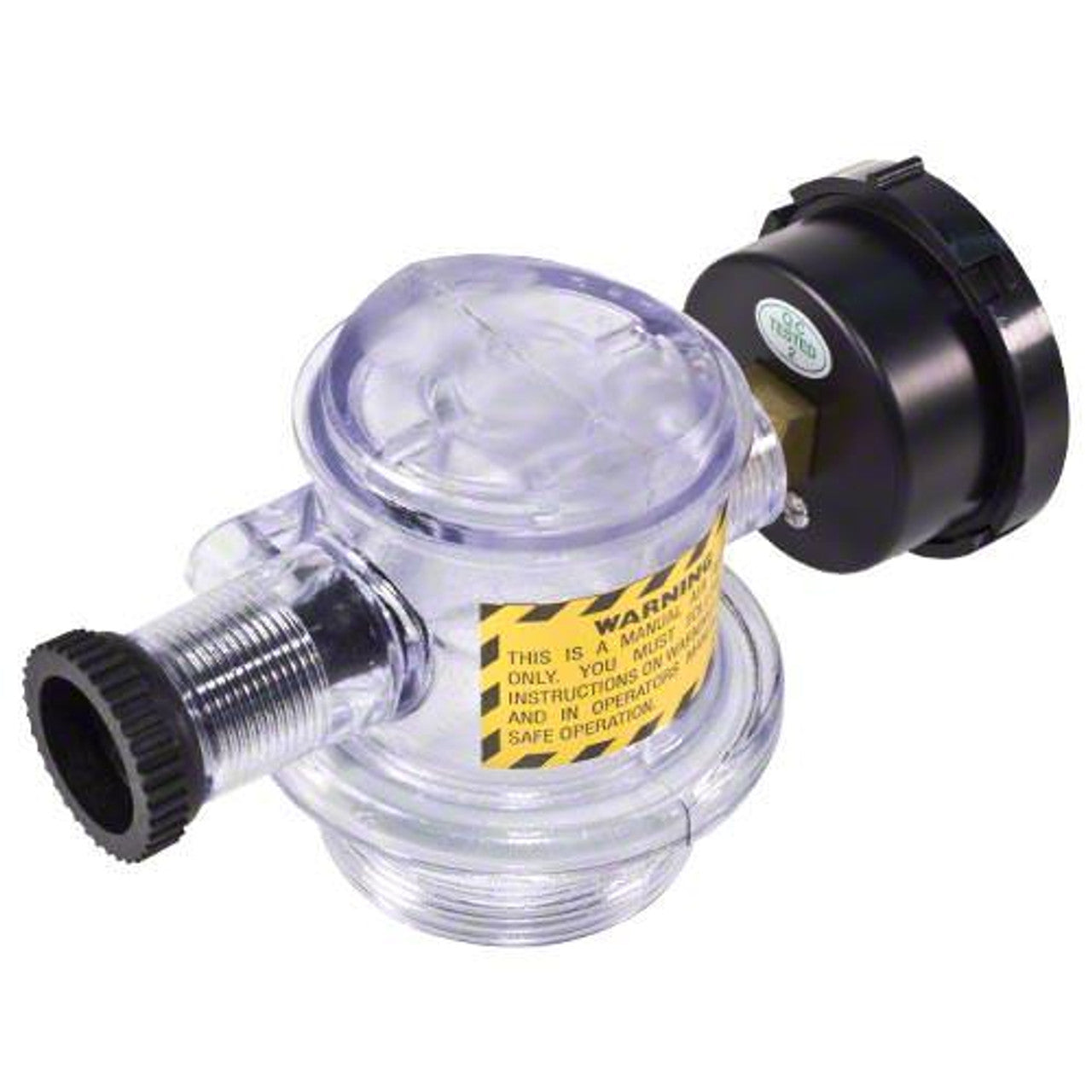The Pentair Triton Manual Air Relief Assembly (273564Z) features a clear plastic flow meter with a threaded connector and black cap, ideal for Pentair Triton II sand filters. It includes a safety warning label and serves as a reliable OEM replacement, ensuring proper usage and performance.