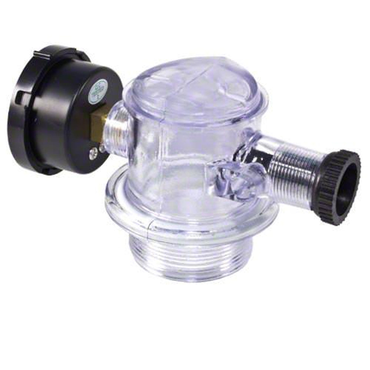 The Pentair Triton Manual Air Relief Assembly (273564Z) features a clear water meter with a stylish black cap and sturdy metal connectors, designed for seamless integration with your Triton II sand filter setup.