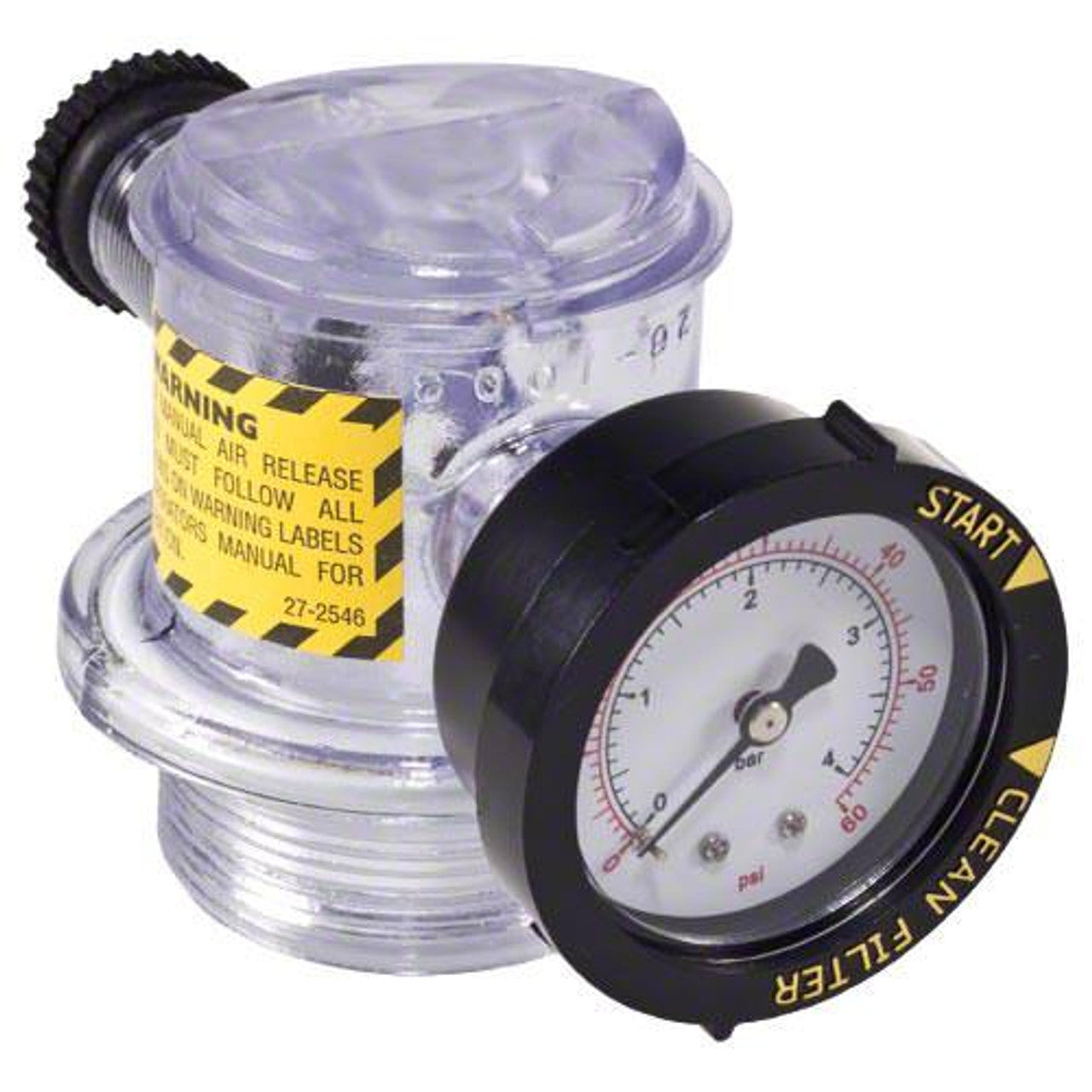 This transparent Pentair Triton Manual Air Relief Assembly (273564Z) features a psi gauge, warning label, and yellow knob with "Start," "Clean," and "Filter" markings. It fits the Triton II sand filter.