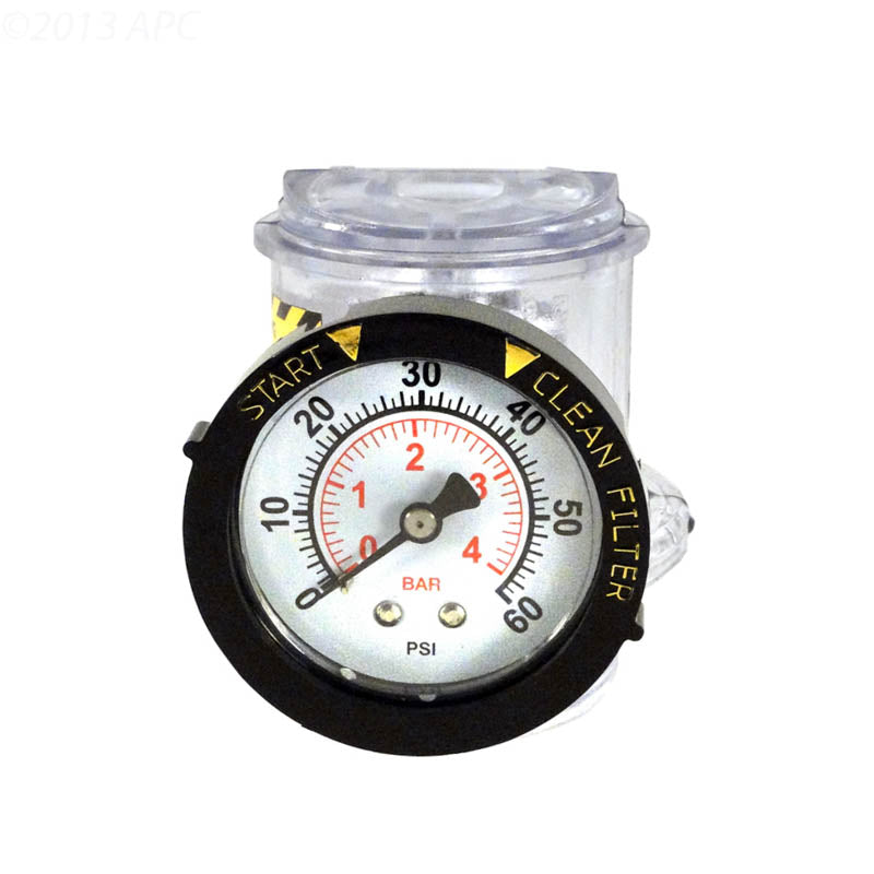 The Pentair Triton Manual Air Relief Assembly (273564Z) features a pressure gauge displaying 4.5 on the red PSI dial with "START" and "CLEAN FILTER" labels. It's mounted on a clear chamber, compatible with Pentair Triton II sand filter systems for seamless integration.