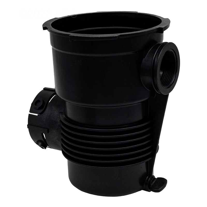 Black plastic Pentair OptiFlo A/G Pot (357228Z) with threaded side opening and ribbed section, similar to a replacement strainer pot for aboveground pool pumps, possibly used for air or fluid flow in vehicle systems. Brand: Pentair.