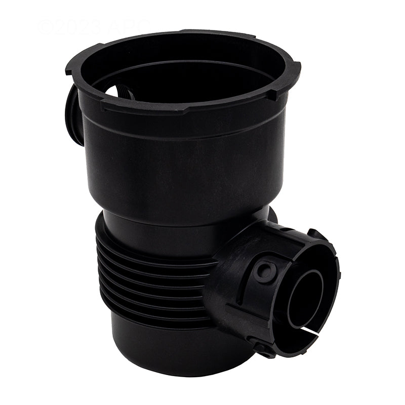 The Pentair OptiFlo A/G Pot (357228Z) is a black plastic pipe fitting with a large vertical opening and side outlet, ideal as a replacement strainer pot for aboveground pools or compatible with Pentair OptiFlo pumps.