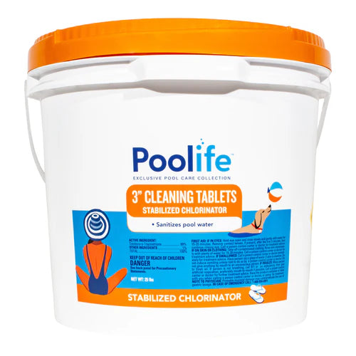 A white plastic bucket of Poolife 3 Inch Cleaning Tablets features an orange lid and label. These stabilized chlorinator tablets from Poolife are designed for effective, slow-dissolving pool sanitization.