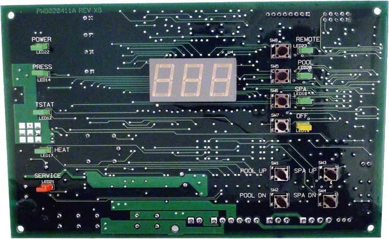 The Pentair MiniMax DDTC Board Assembly 472100 by Pentair features labeled buttons, LEDs, a digital display, and circuit traces for power, heat, and pool controls—ideal heater replacement part for MiniMax NT systems.
