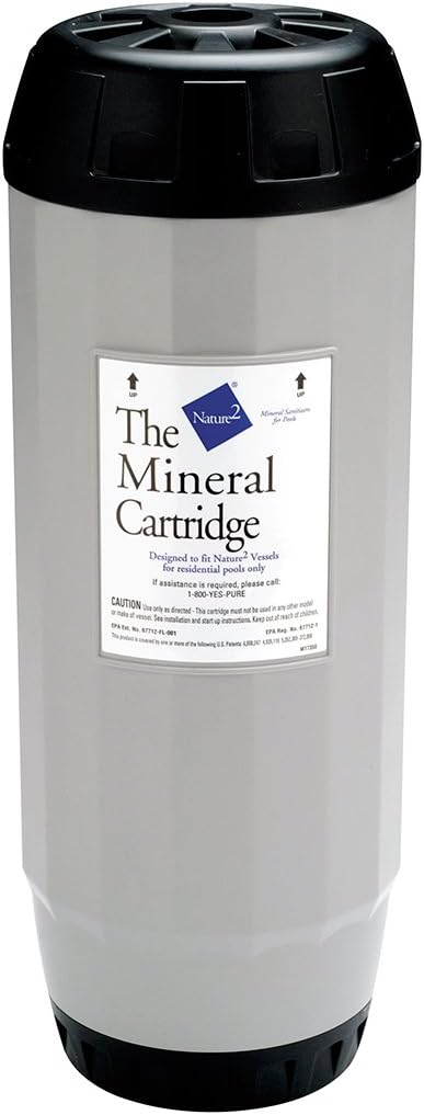 The Jandy Nature2 G25 Replacement Mineral Cartridge | W28125 features a gray body with black end caps, a label reading "The Mineral Cartridge," and employs the Nature2 CF mineral process for optimal water clarity.