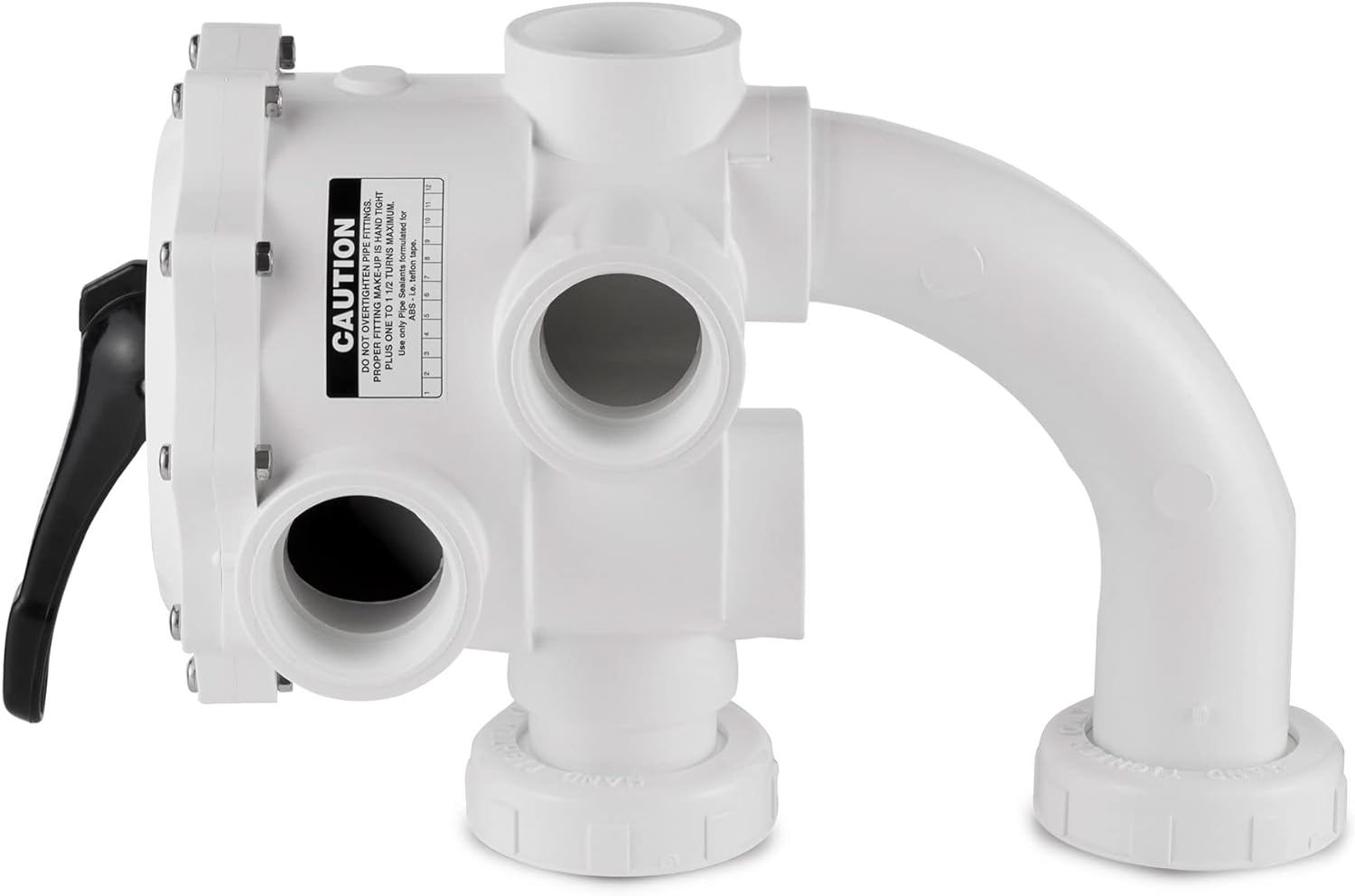 The Pentair Sand Multiport Valve, 2" Side Mount (261055) has a white body with multiple pipe connections and a black lever handle, perfect for efficient pool maintenance and compatibility with Pentair systems.