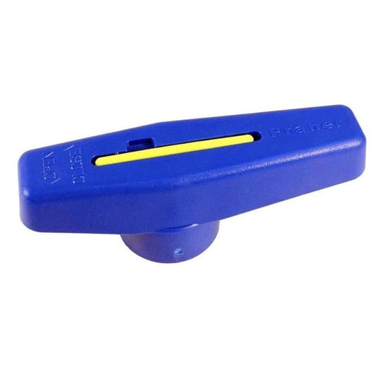 The Praher PVC Single Union Ball Valve Handle, Blue (SU-150-1B), is a blue plastic handle with a yellow center slot, designed for use with Praher valves in plumbing systems.
