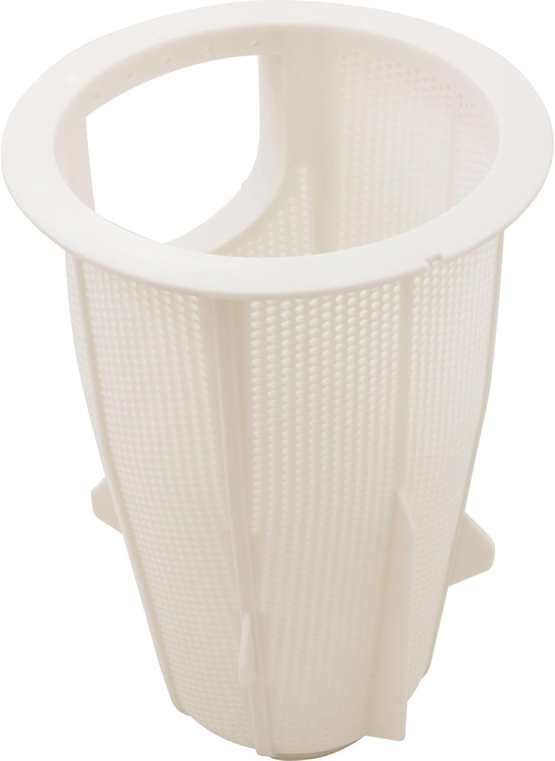 The Jandy Pro Series Pump Debris Filter Basket (R0445900) by Jandy is a white plastic mesh basket with fine perforations, designed in an open cylindrical shape for effective pool debris filtration.