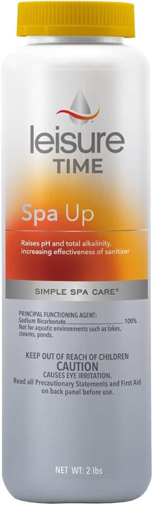 The Leisure Time Spa pH Up Balancer is a 2 lb bottle designed for easy spa water maintenance, effectively raising pH levels and total alkalinity. It contains sodium bicarbonate and has necessary warning labels.