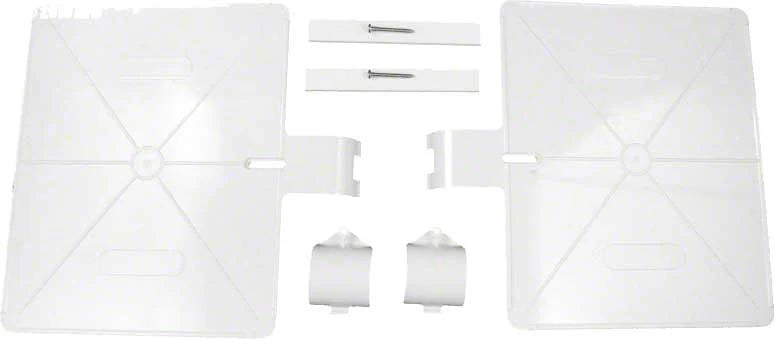 The Polaris G21 Cleaner Ladder Guard set includes two white rectangular panels with circular indents, plus hooks, strips, and nails—essential for effectively setting up your Zodiac Polaris pool cleaner.