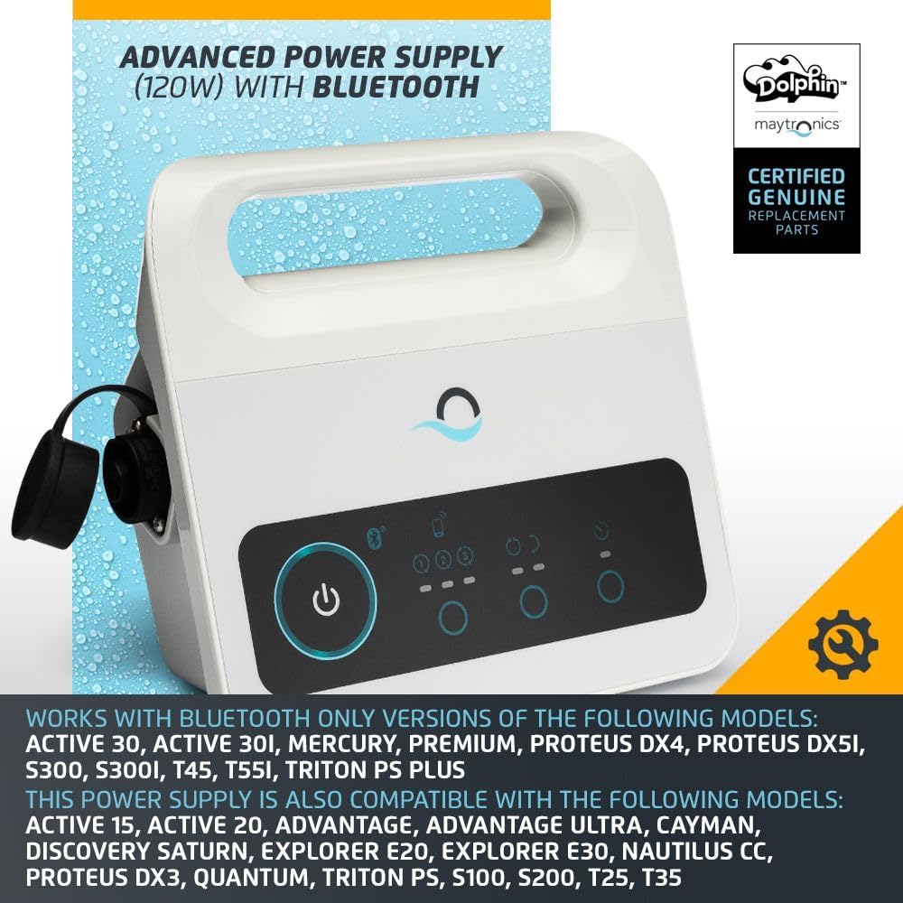The maytronics Dolphin Power Supply (99956035US-F1) is a white replacement unit with Bluetooth, buttons, and handle for various Dolphin robotic pool cleaners, shown with product info and supported model list.