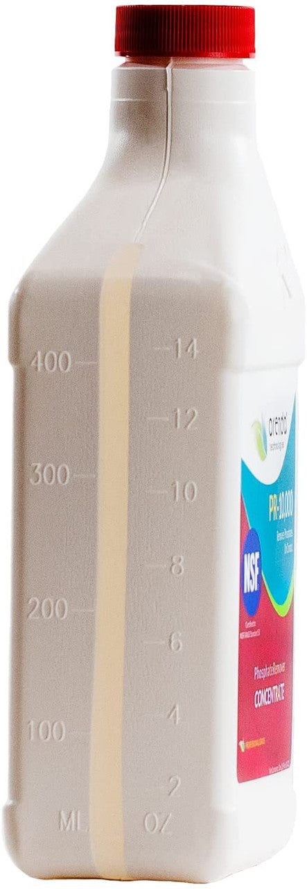 An 8 oz plastic bottle with a red cap and volume markings, labeled as Pool Goods Orenda Pr-10000 Phosphate Remover (ORE-50-145) for pool water treatment.