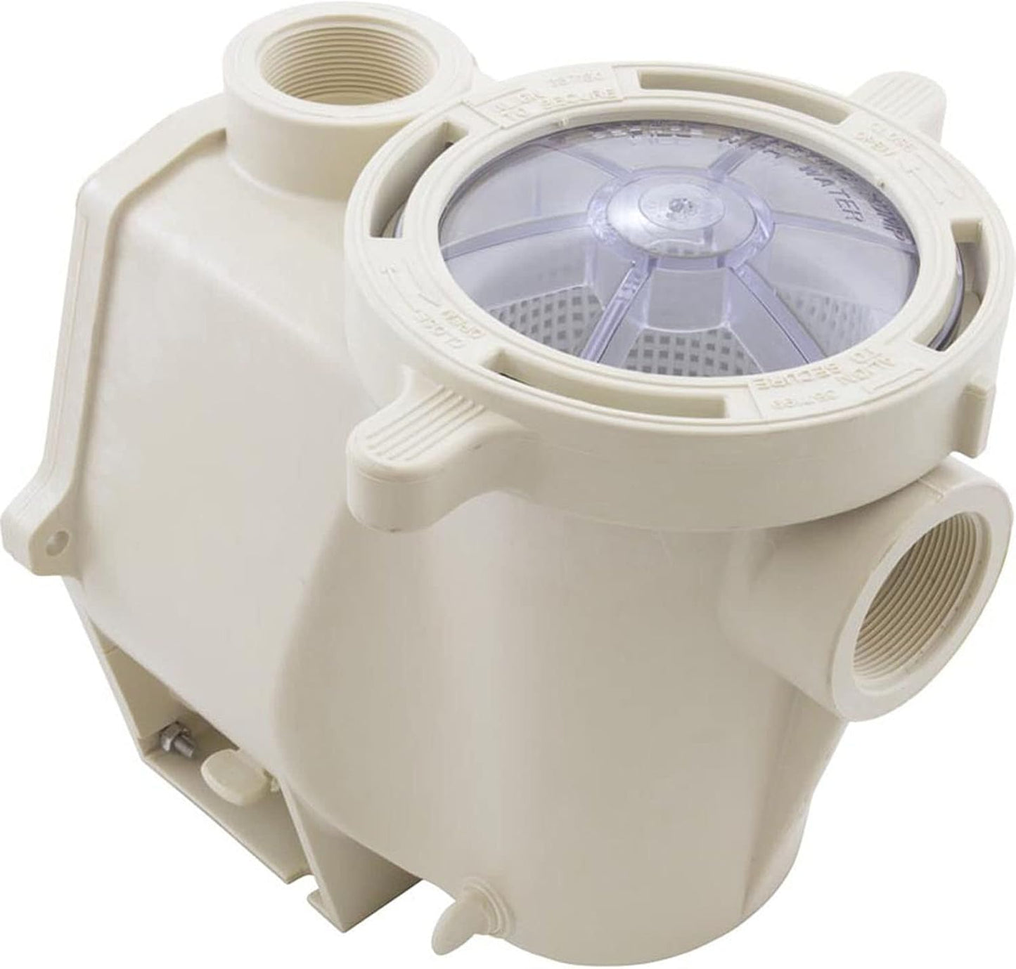 The Pentair Intelliflo Pot Assembly 357243 is a beige plastic strainer housing with clear lid and multiple threaded connections, designed for WhisperFlo compatibility and ideal as a replacement for Pentair IntelliFlo pumps.