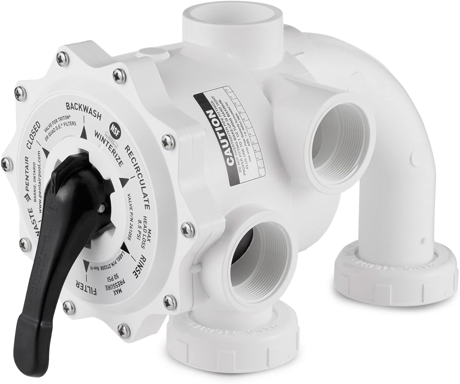 The Pentair Sand Multiport Valve, 2" Side Mount (261055), in white with a black handle, is ideal for pool maintenance and offers settings like backwash, rinse, and waste to enhance your pool filtration system.