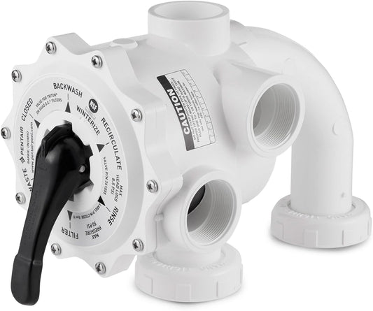 The Pentair Sand Multiport Valve, 2" Side Mount (261055), in white with a black handle, is ideal for pool maintenance and offers settings like backwash, rinse, and waste to enhance your pool filtration system.