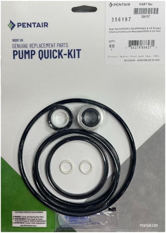 Pool Goods Pentair Superflo/SuperMax Seal Set (356197) includes four black O-rings and two white seals in plastic packaging, designed as genuine replacement parts for Pentair SuperFlo and SuperMax pumps.