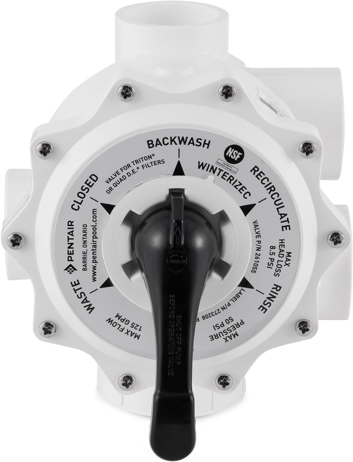Close-up of a white Pentair Sand Multiport Valve, 2" Side Mount (261055) with black handle featuring six settings—closed, backwash, winterize, recirculate, rinse, and waste. Ideal for pool maintenance with markings for flow rate and model info to ensure optimal filtration.