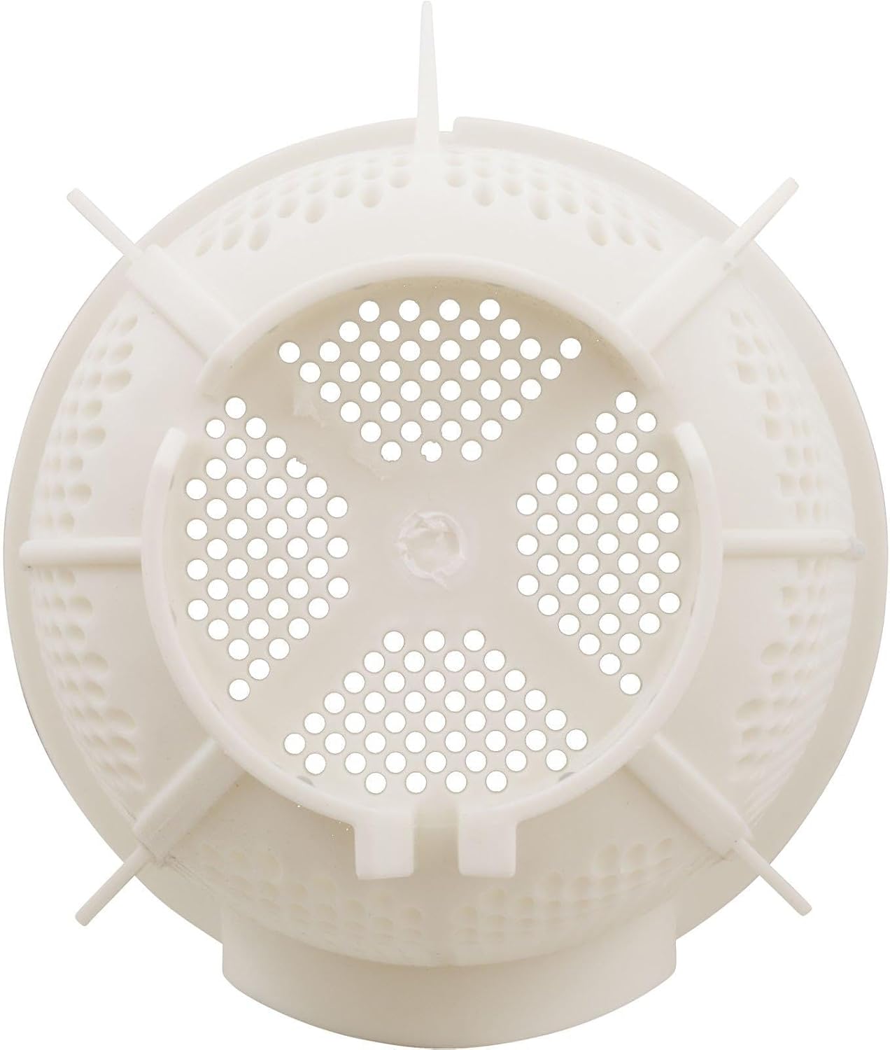 A white, spherical Jandy Pro Series Pump Debris Filter Basket (R0445900) with a perforated front and several symmetrically arranged fins, resembling a typical pool pump trap basket.