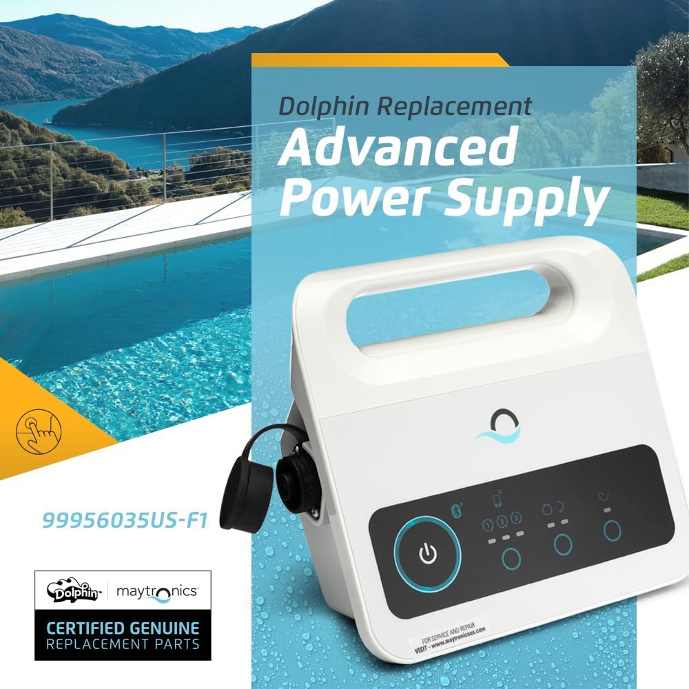 A Maytronics Dolphin Power Supply (99956035US-F1) is shown outdoors by a pool. The unit displays a power button, control panel, and genuine replacement parts label, confirming it as an authentic Maytronics product.