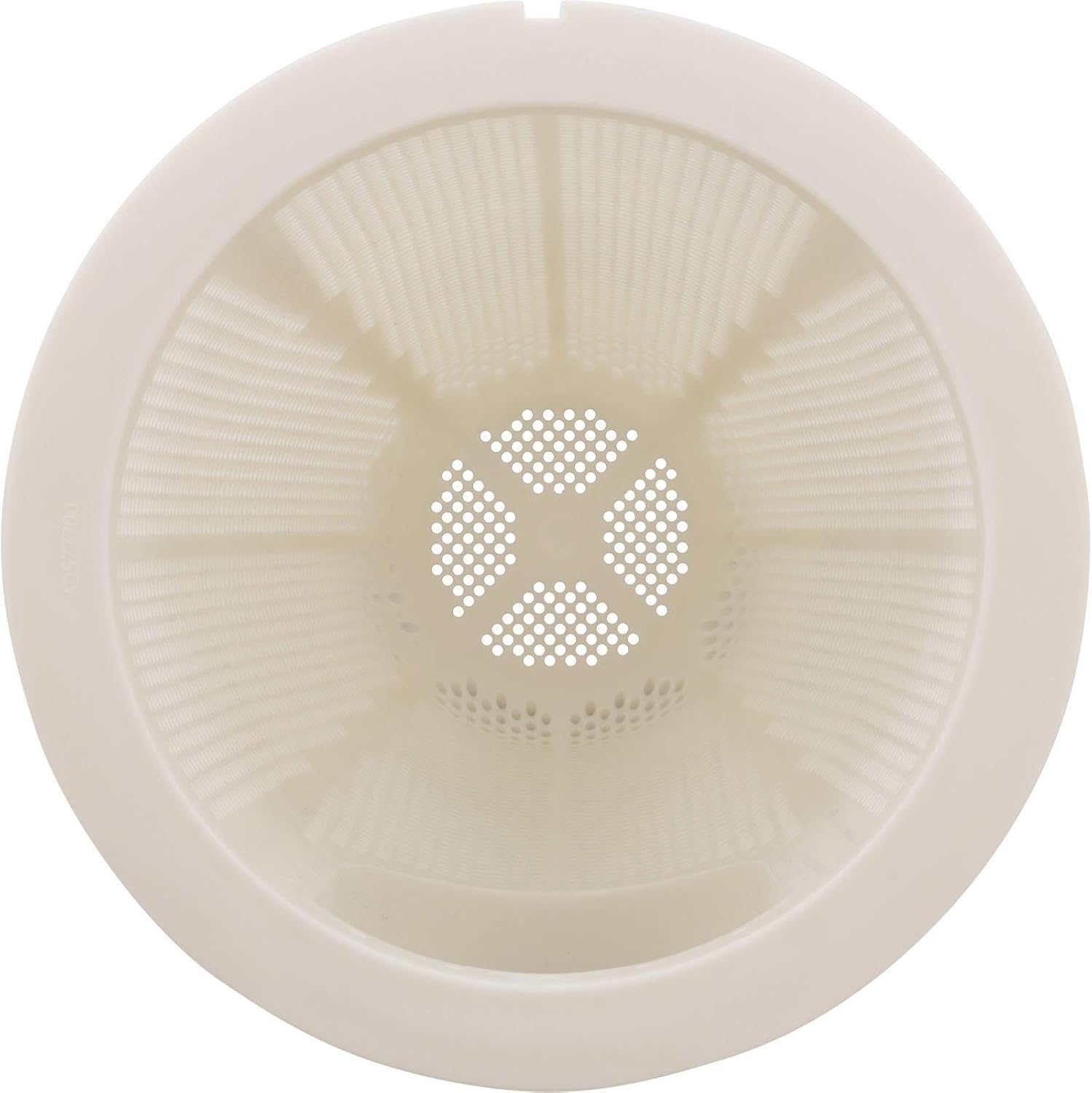 Top view of a round, beige Jandy Pro Series Pump Debris Filter Basket (model R0445900) with mesh design and patterned holes; ideal as a pool pump trap basket. Brand: Jandy.